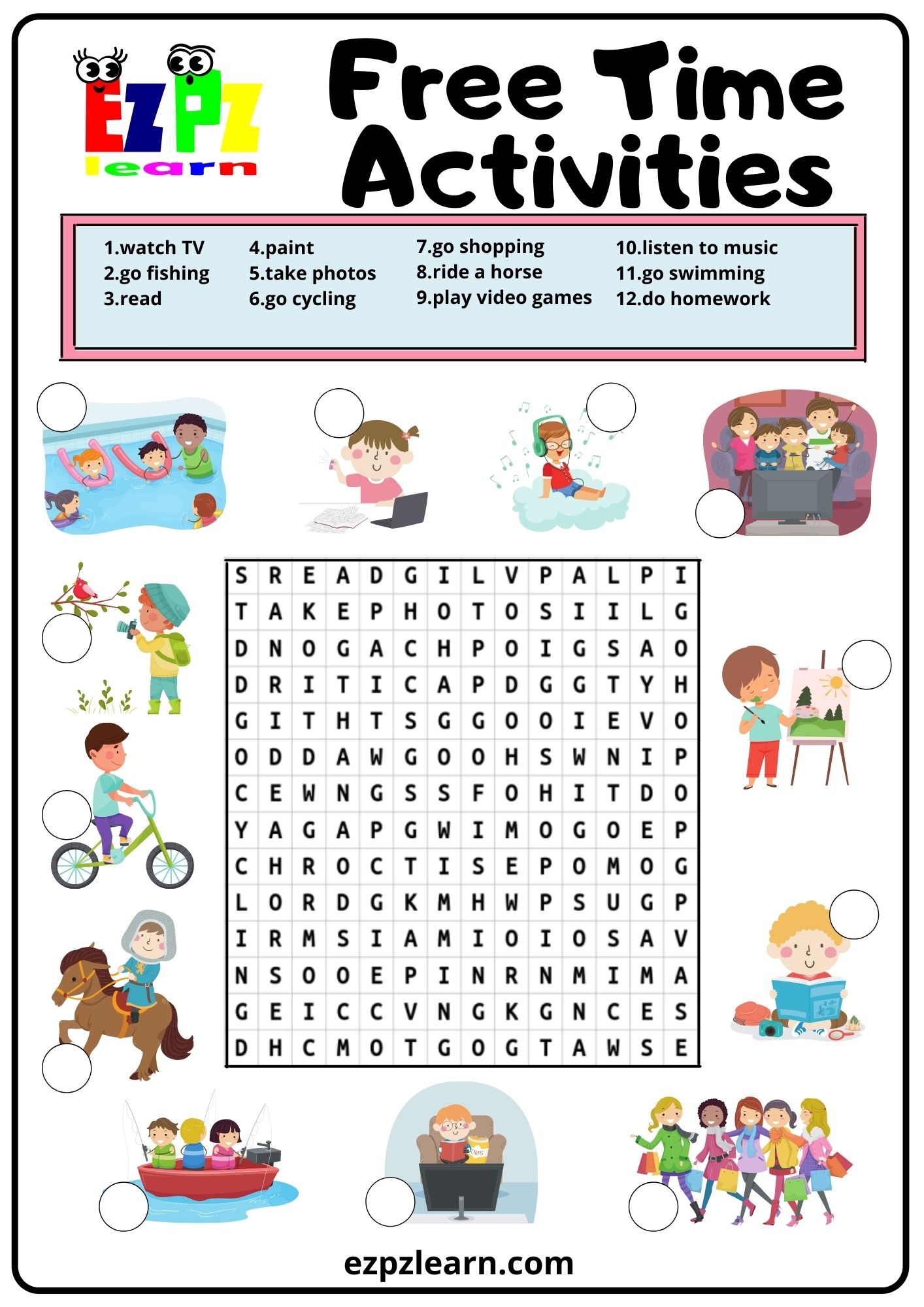 Free Time Activities Word Search 2 Ezpzlearn