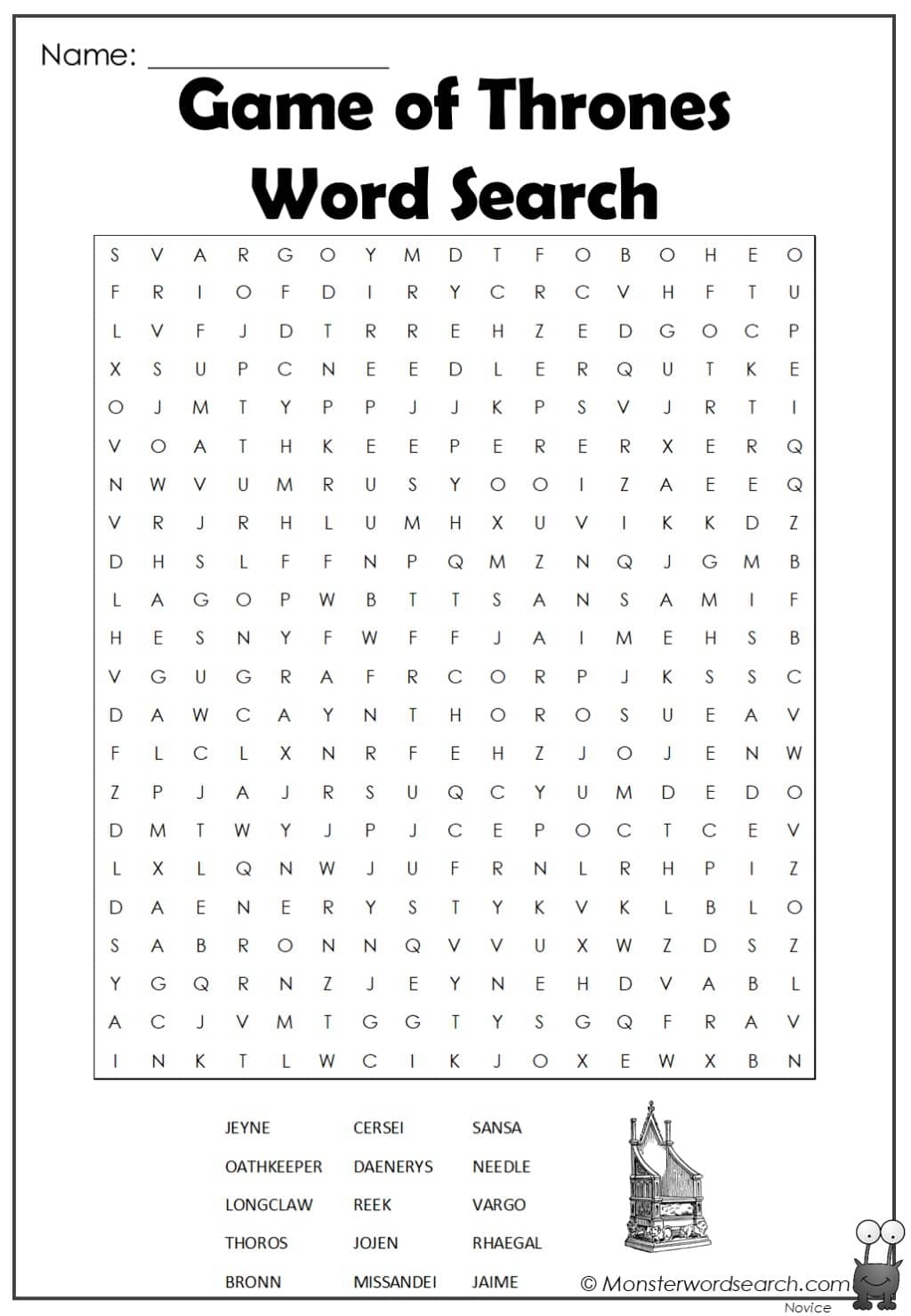 Game Of Thrones Word Search Printable
