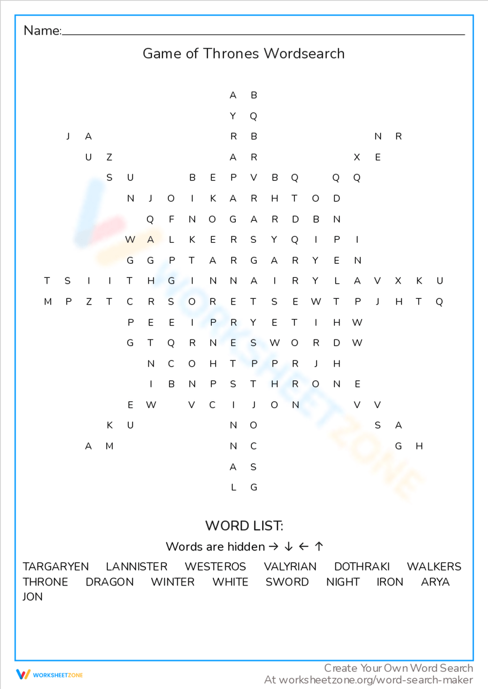 Game Of Thrones Word Search