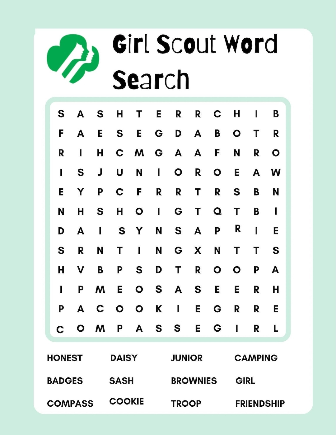 Girl Scout WORD SEARCH Activity Etsy