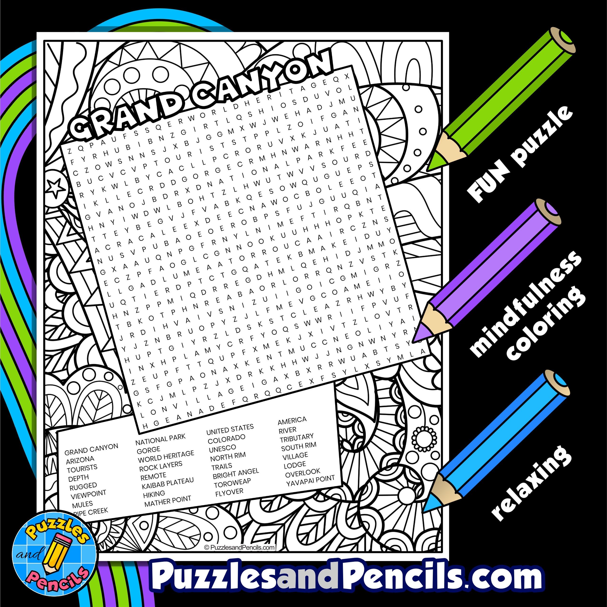 Grand Canyon Word Search Puzzle With Coloring National Park 