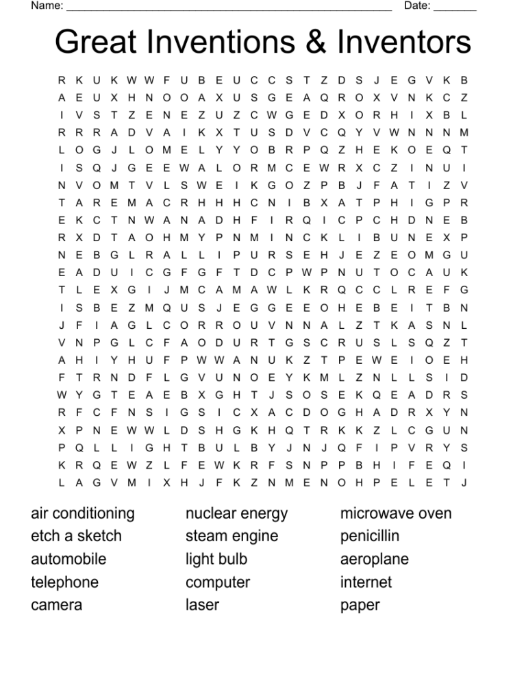 Great Inventions U0026 Inventors Word Search WordMint