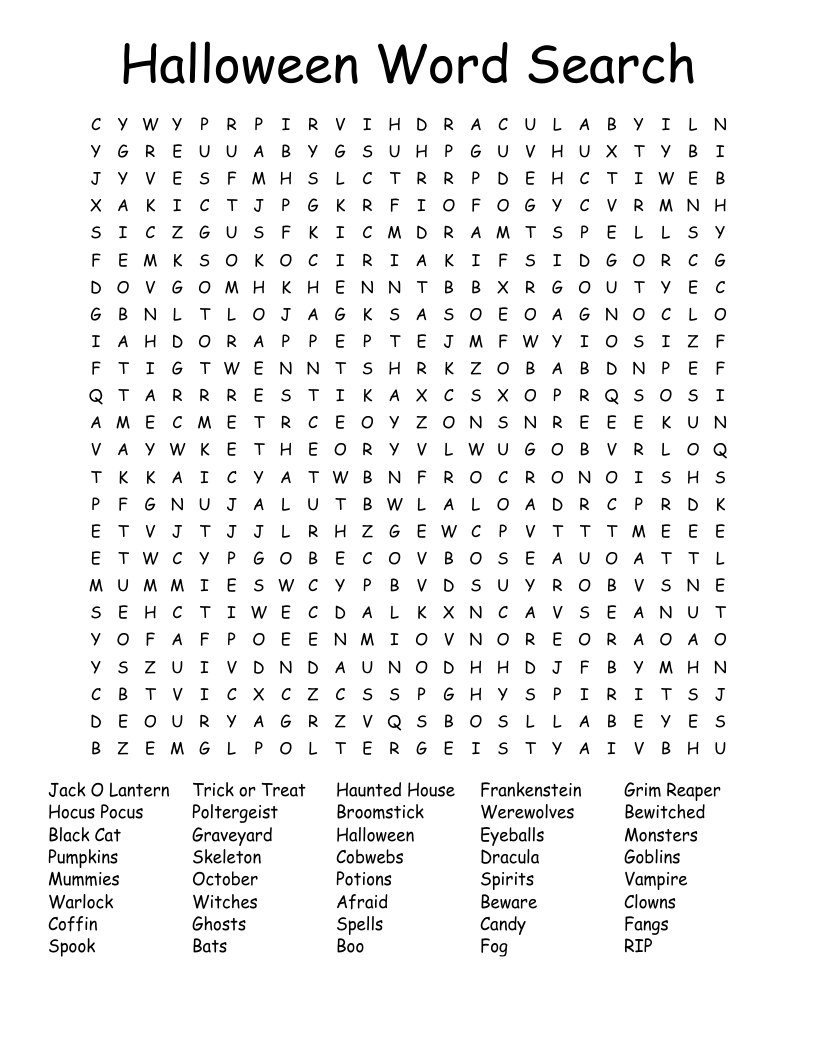 Halloween Word Search Answer Key Printable