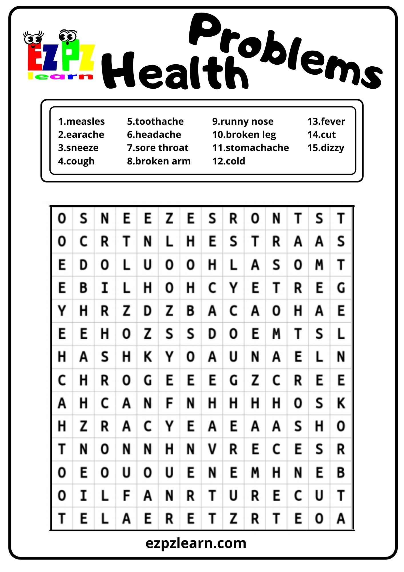 Health Problems Word Search Ezpzlearn Health Problems Word Search Ezpzlearn