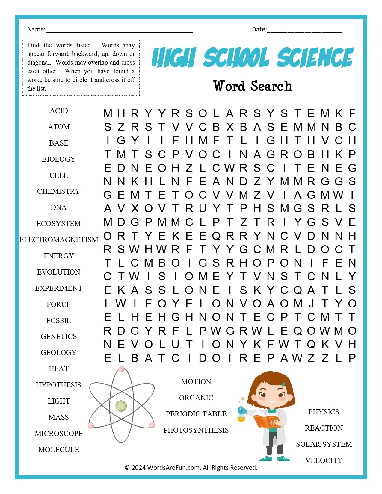 Middle School Science Word Search Printable