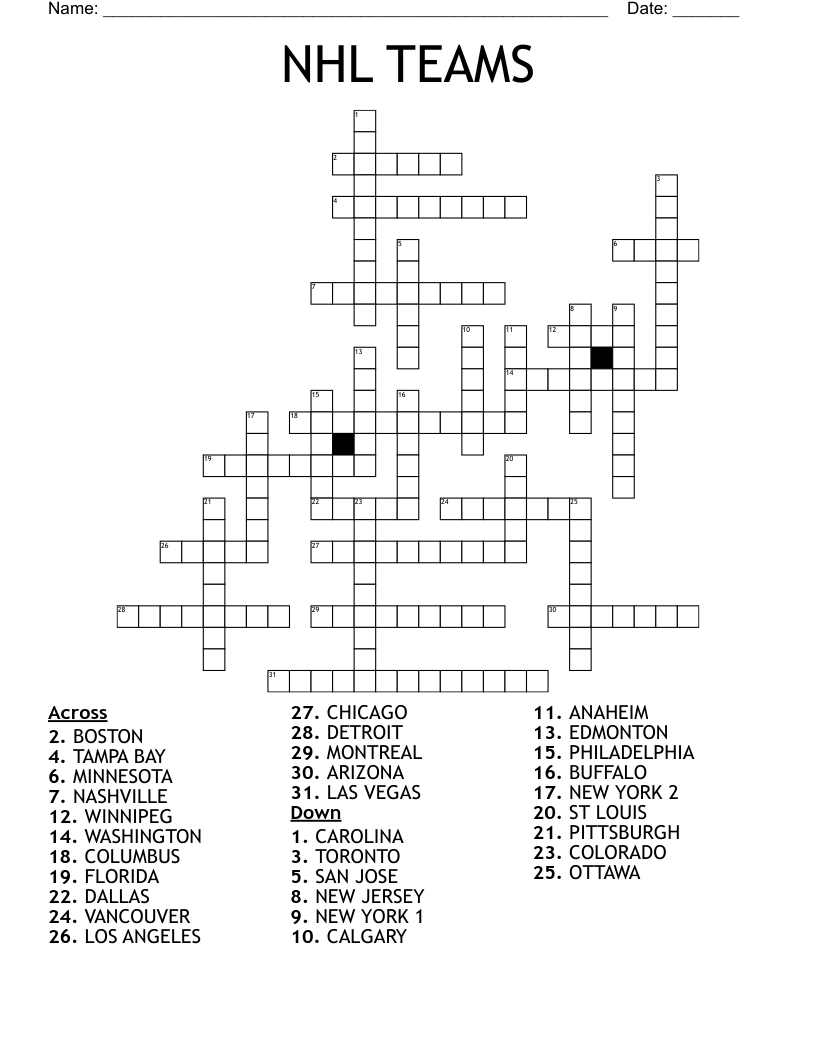 Hockey Teams Word Search WordMint