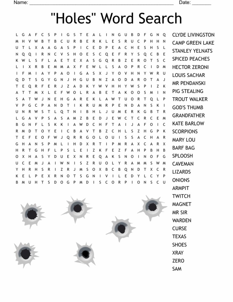 Holes By Louis Sachar Word Search WordMint