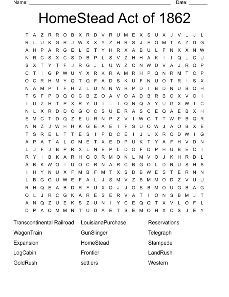 HomeStead Act Of 1862 Word Search WordMint
