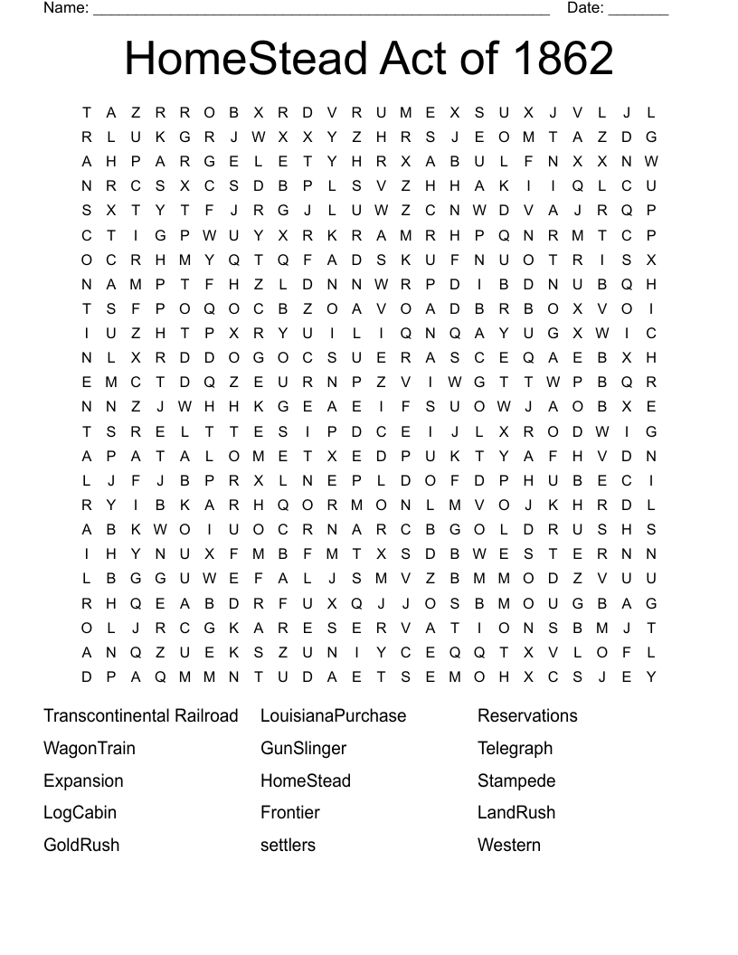 HomeStead Act Of 1862 Word Search WordMint