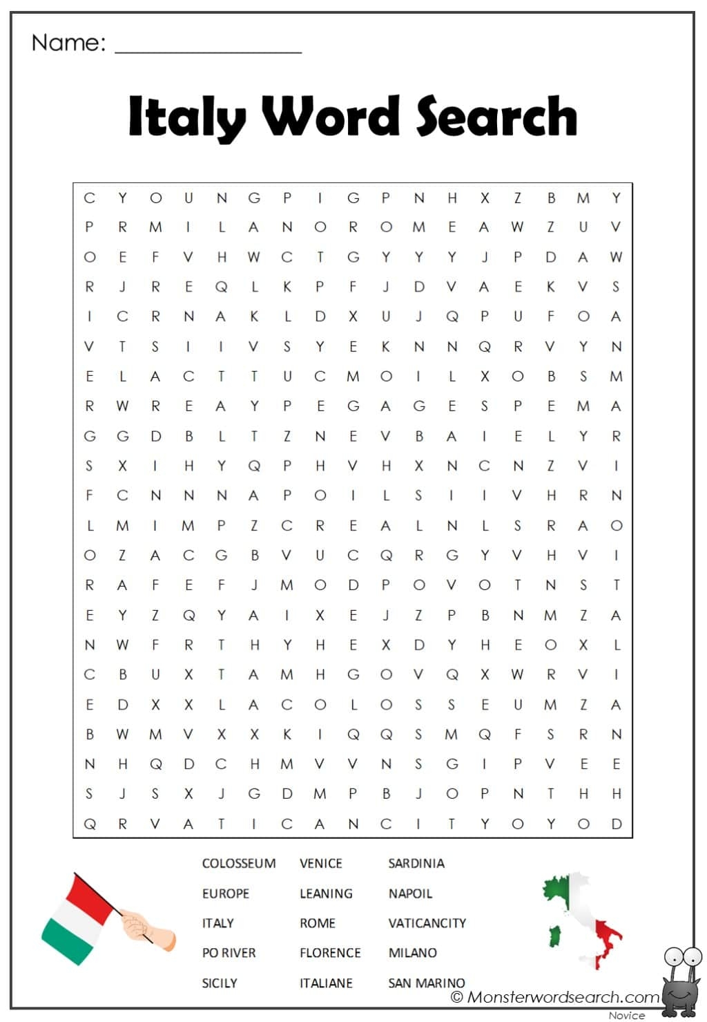 Italy Word Search Monster Word Search Italy Word Search Monster Word Search