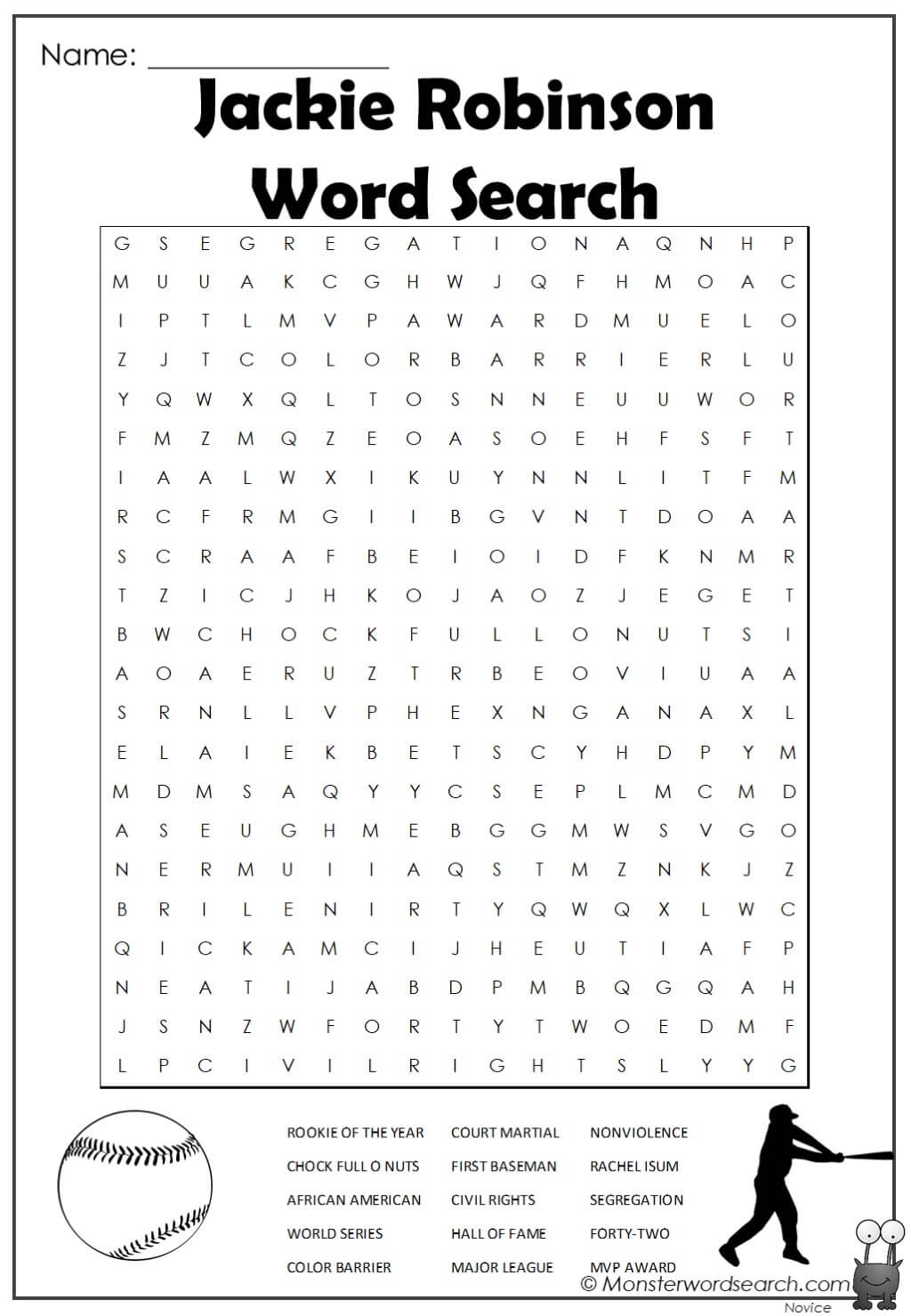 Jackie Robinson Word Search Monster Word Search