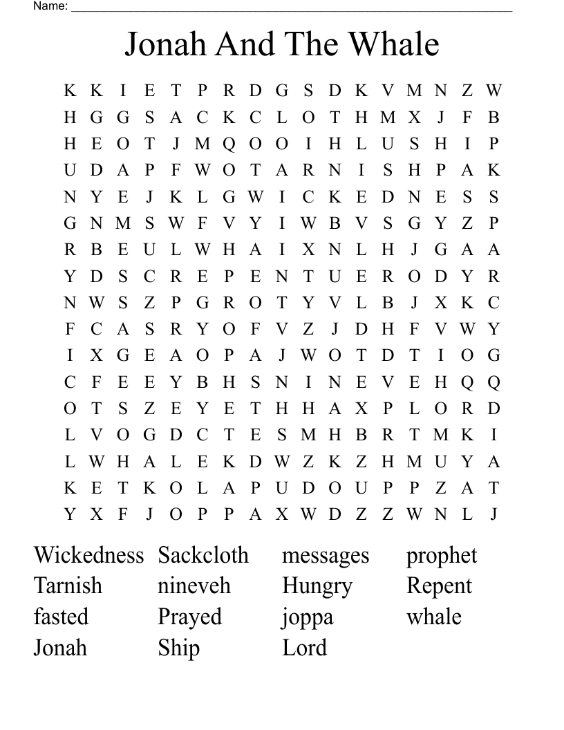 Jonah And The Whale Word Search WordMint