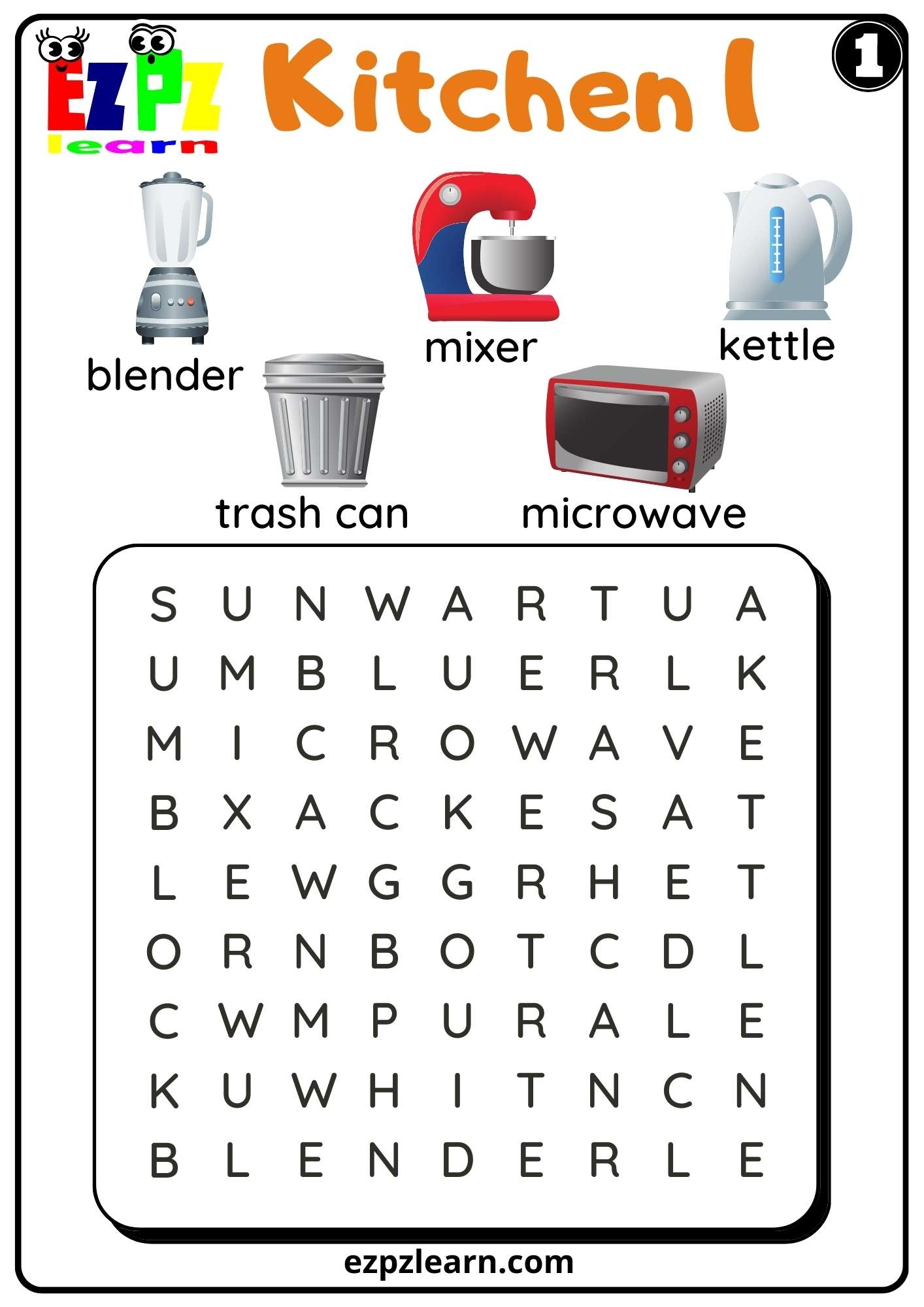 Kitchen Appliances Word Search Set 1 Ezpzlearn