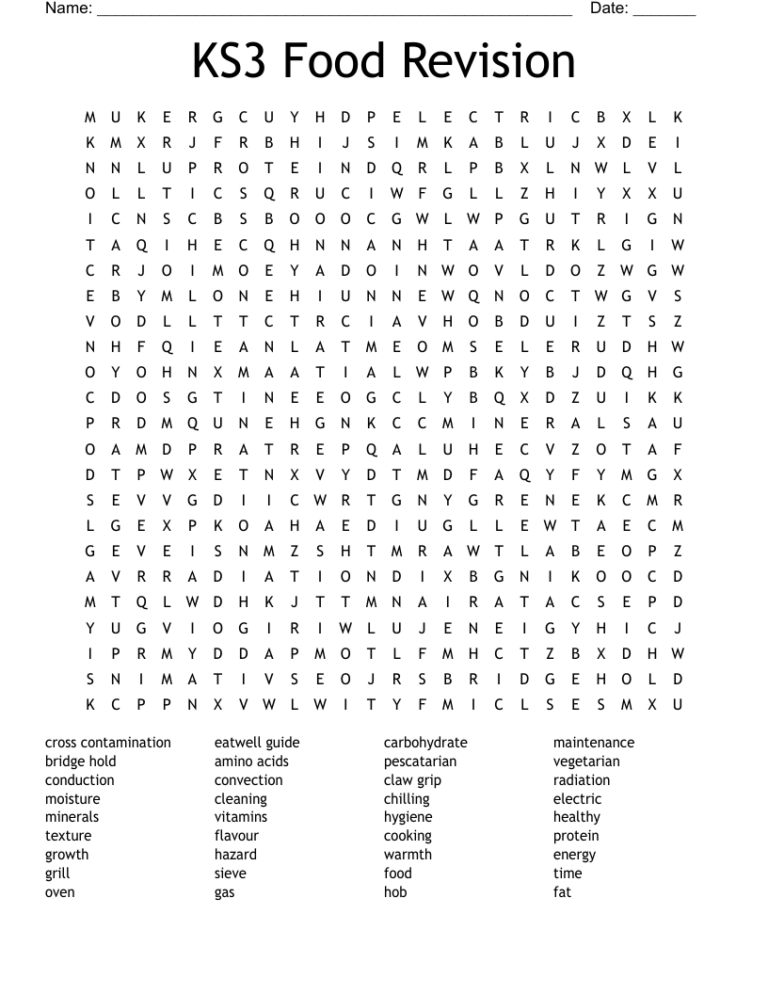 KS3 Food Revision Word Search WordMint
