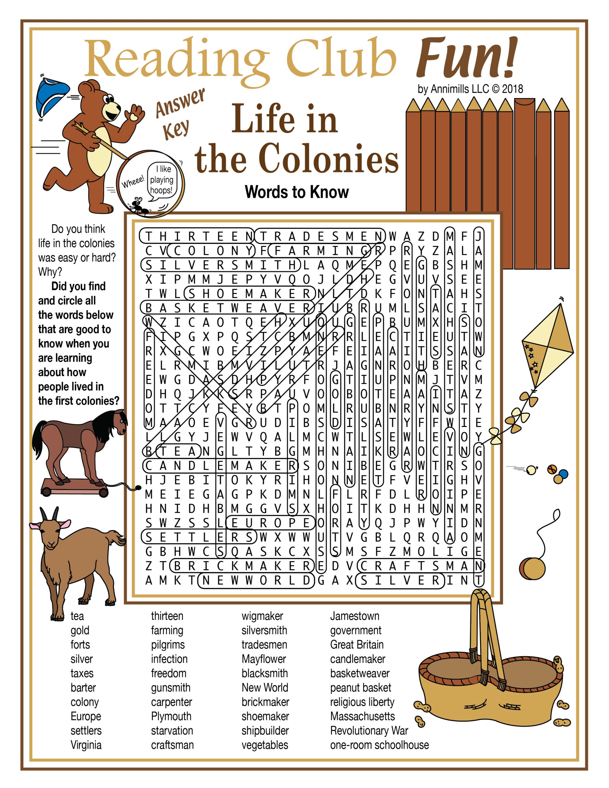 Life In The Colonies American History Printable Word Search Puzzle