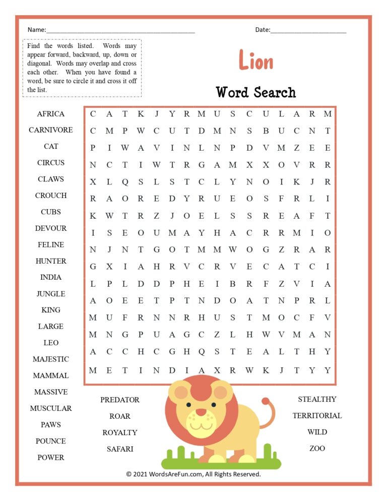 Lion Word Search For Kids