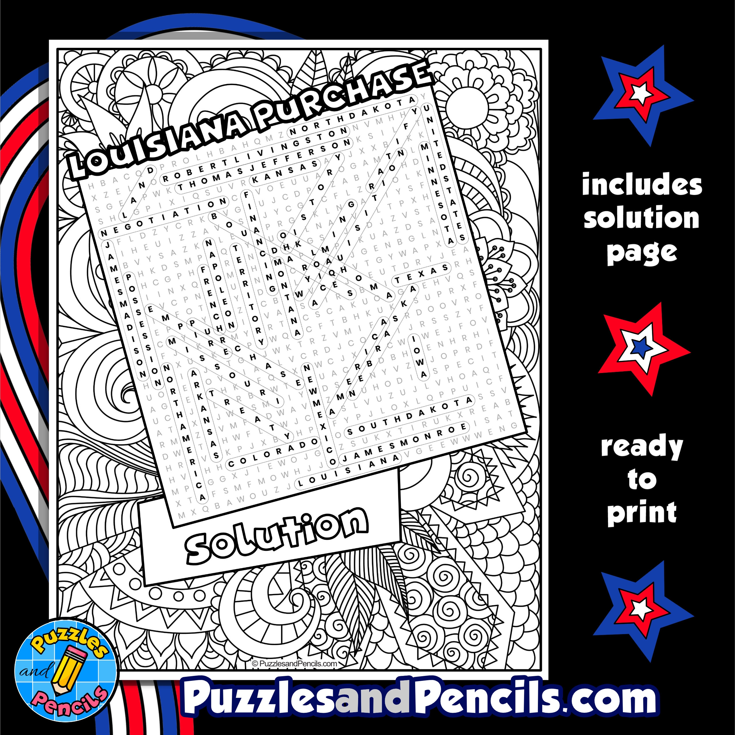 Louisiana Purchase Word Search Puzzle With Coloring US History Wordsearch Made By Teachers