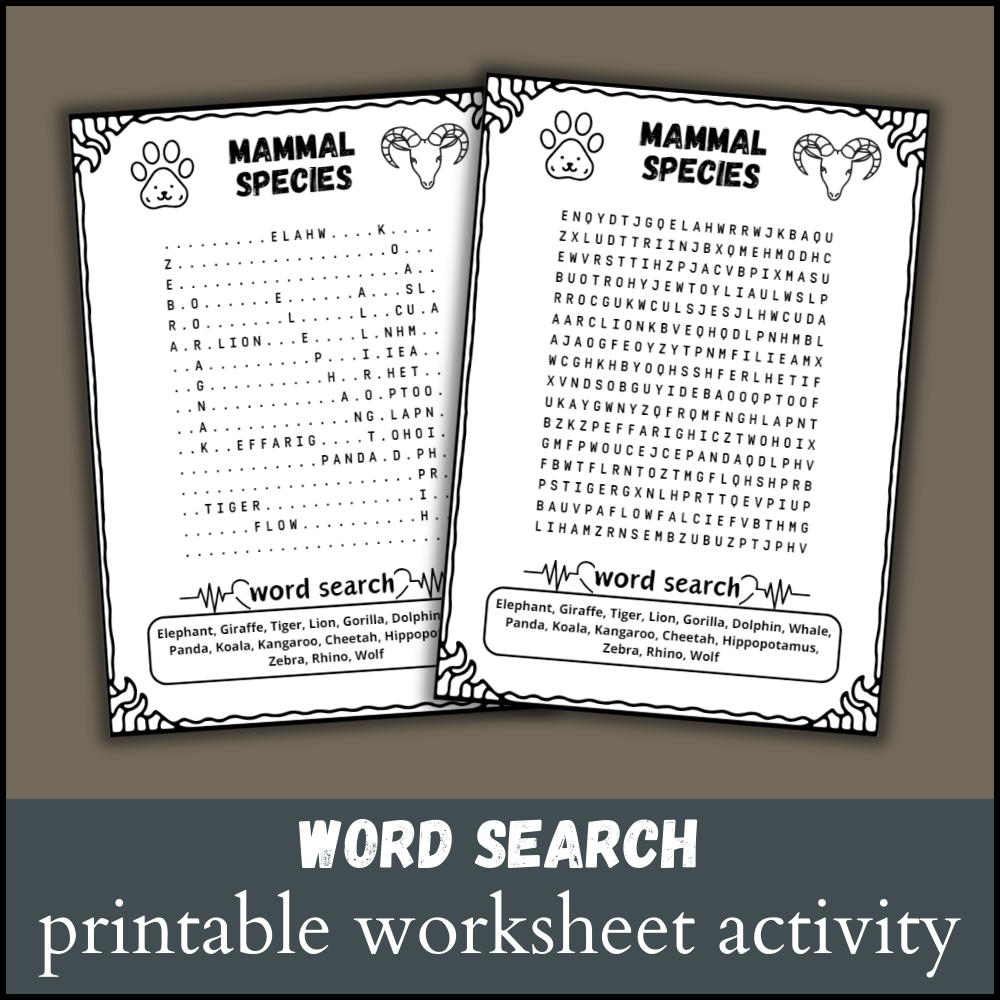 Mammal Word Search Printable