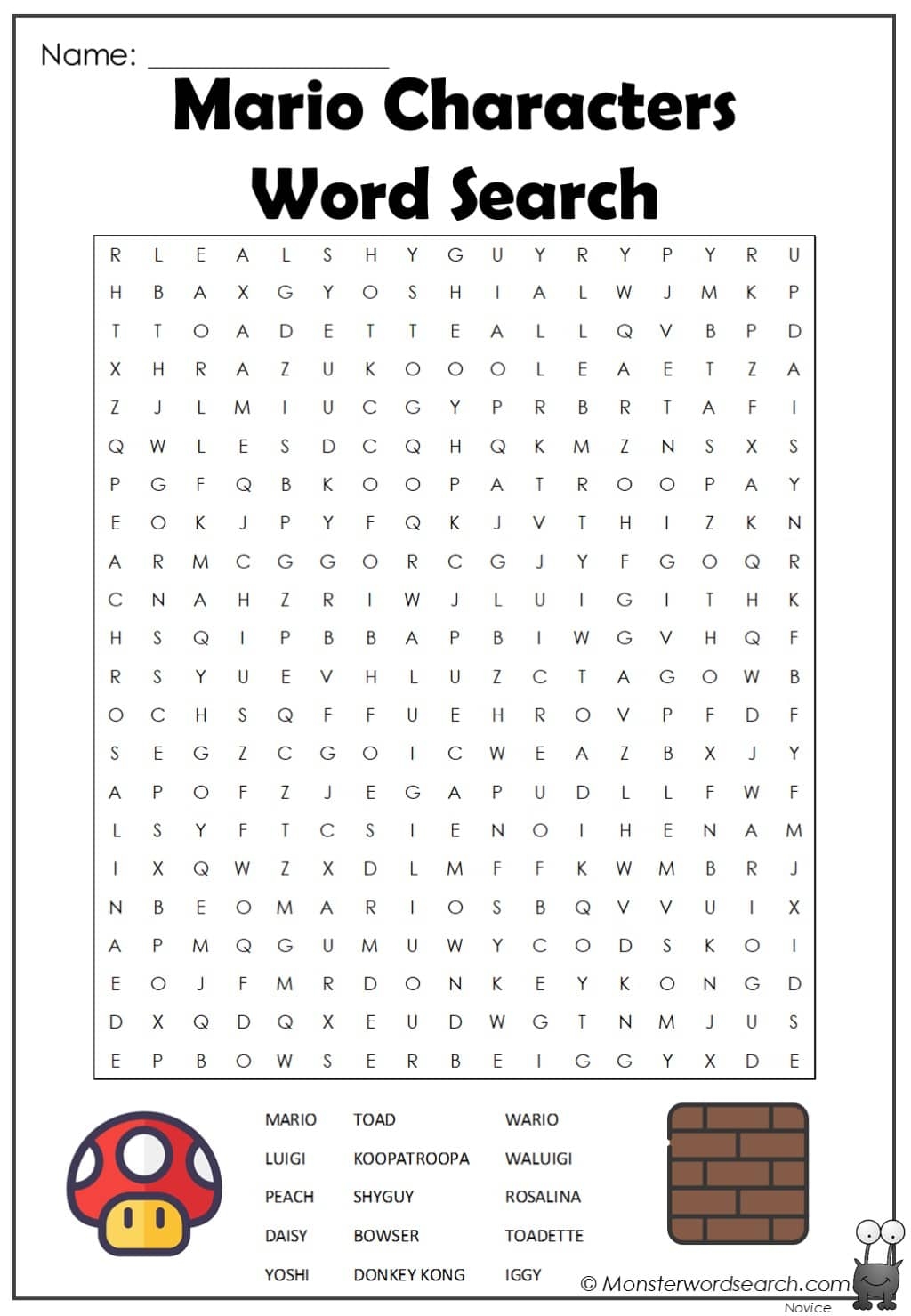 Mario Characters Word Search Monster Word Search