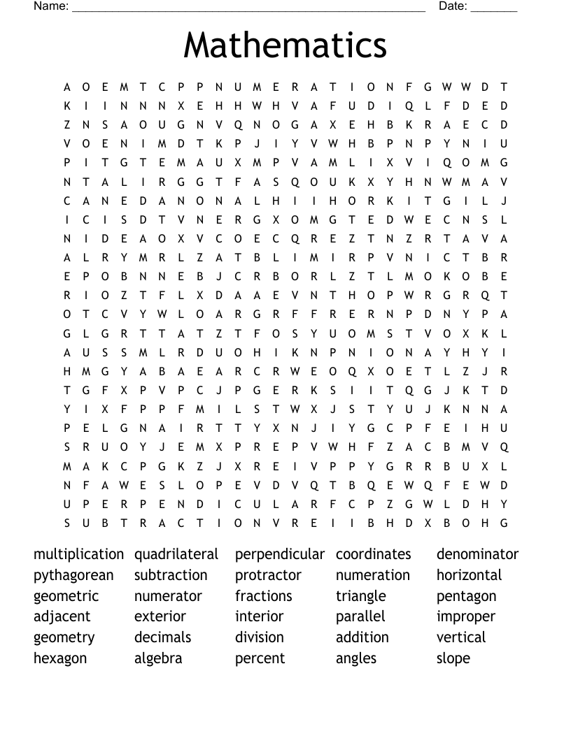 Math Terms Word Search WordMint Worksheets Library