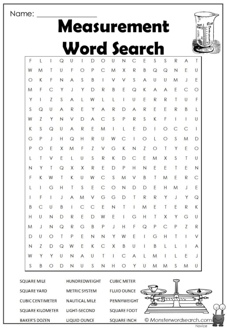 Measurement Word Search Monster Word Search