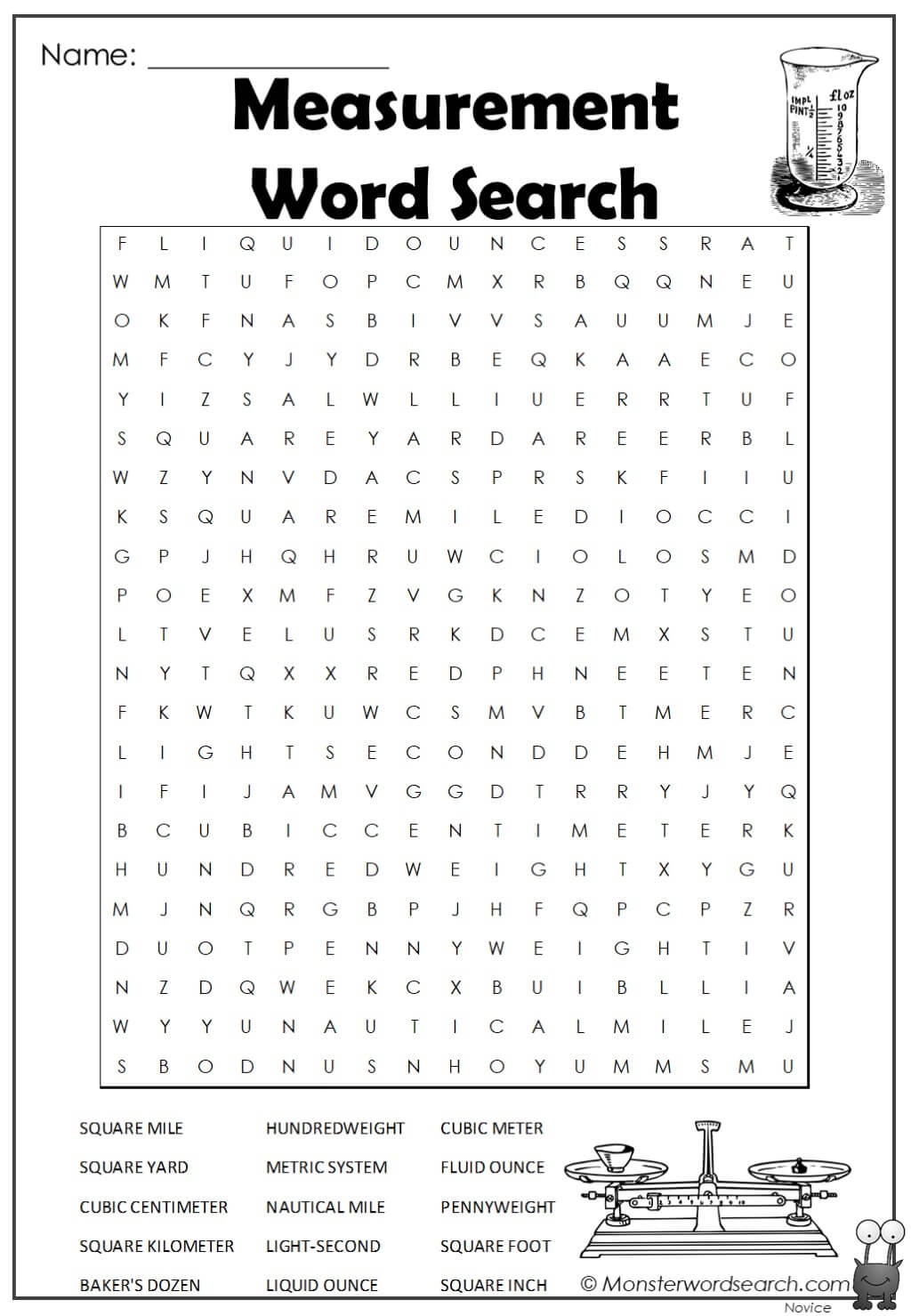 Measurement Word Search Monster Word Search