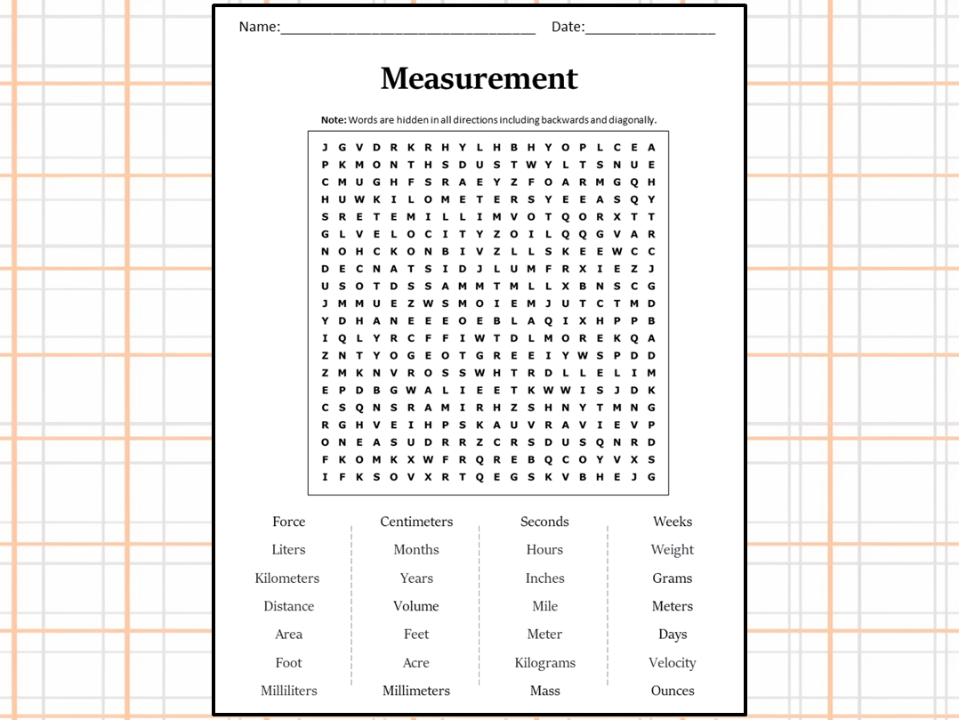 Measurement Word Search Puzzle Worksheet Activity Teaching Resources