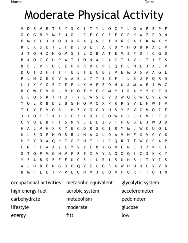 Moderate Physical Activity Word Search WordMint