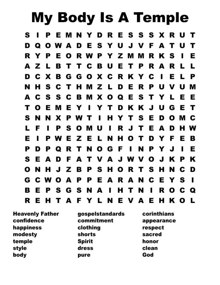 My Body Is A Temple Word Search WordMint