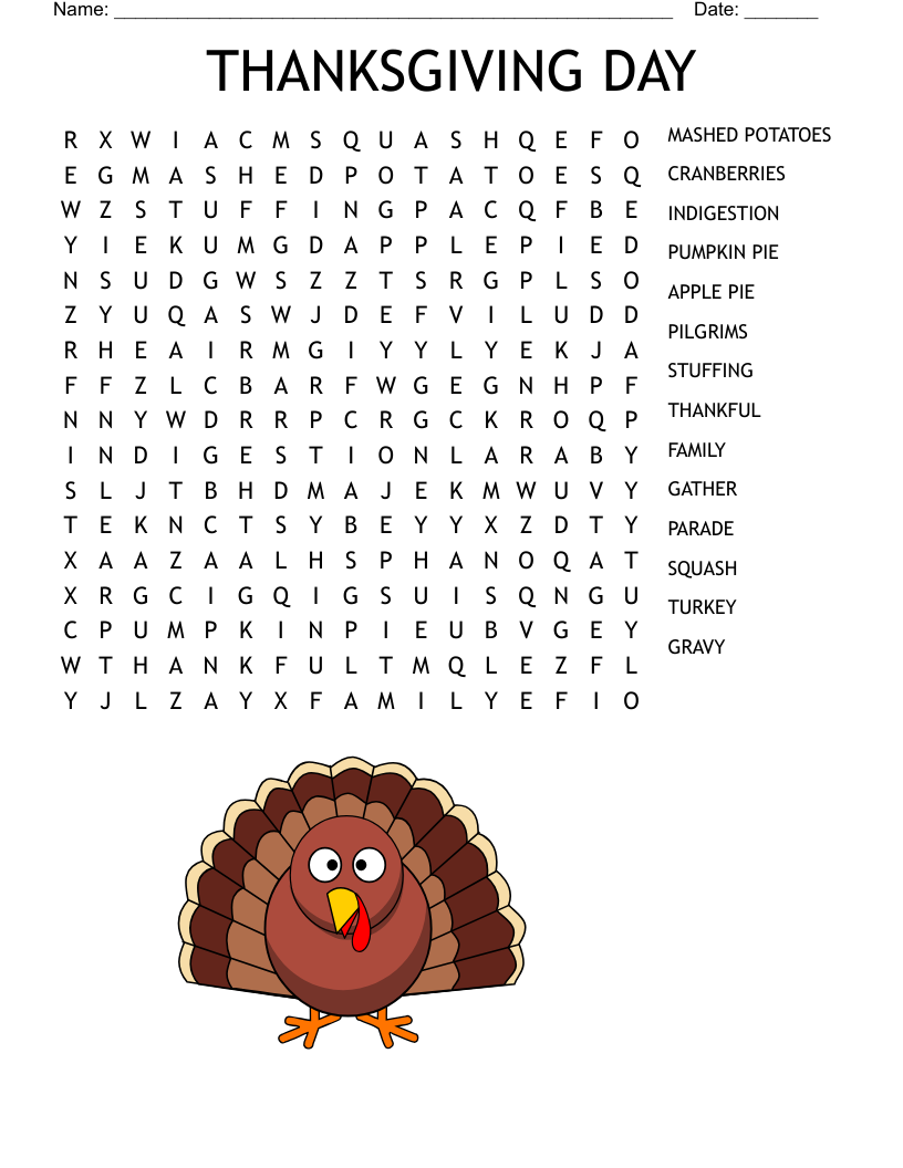 November Word Search Free Printable
