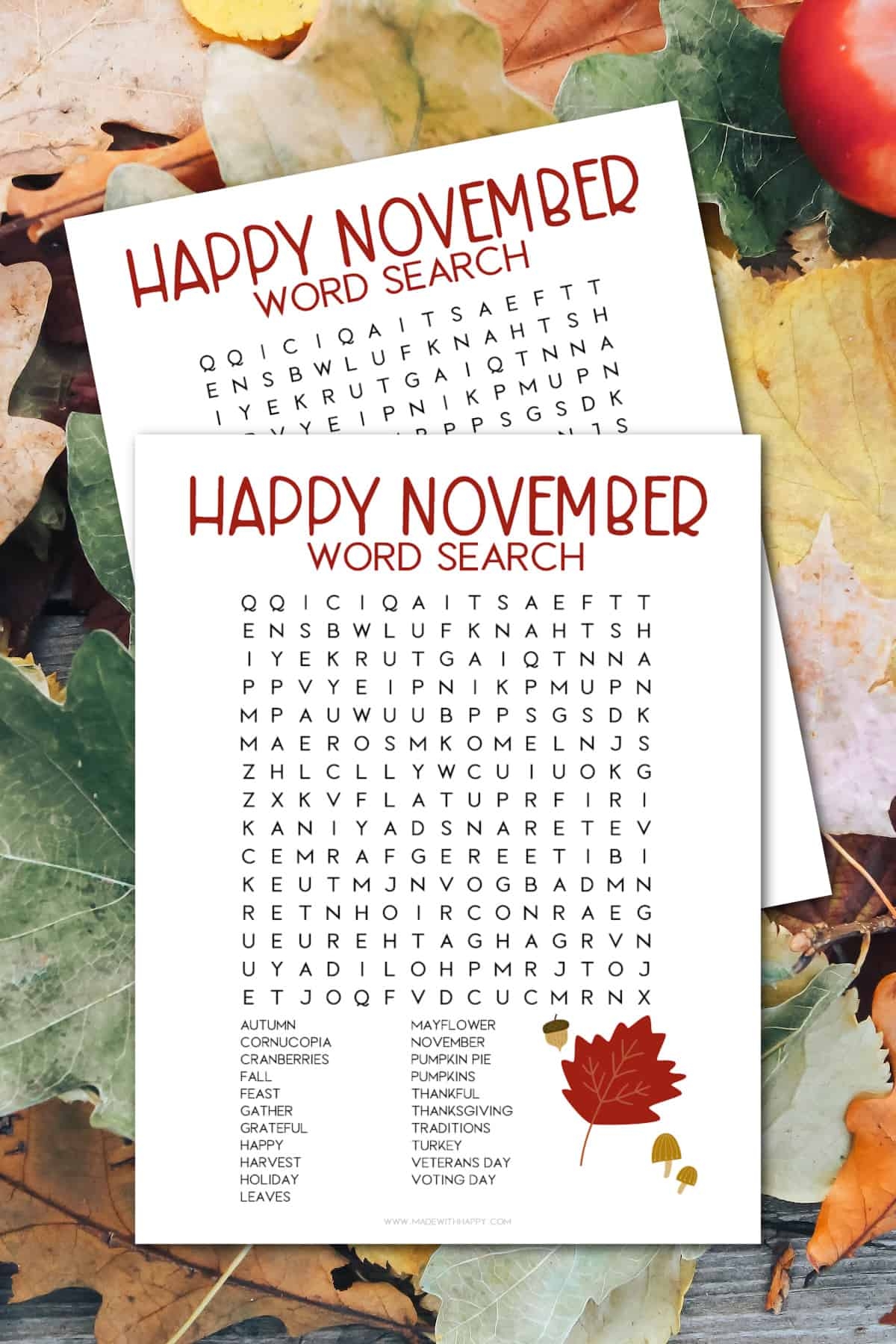 November Printable Word Search
