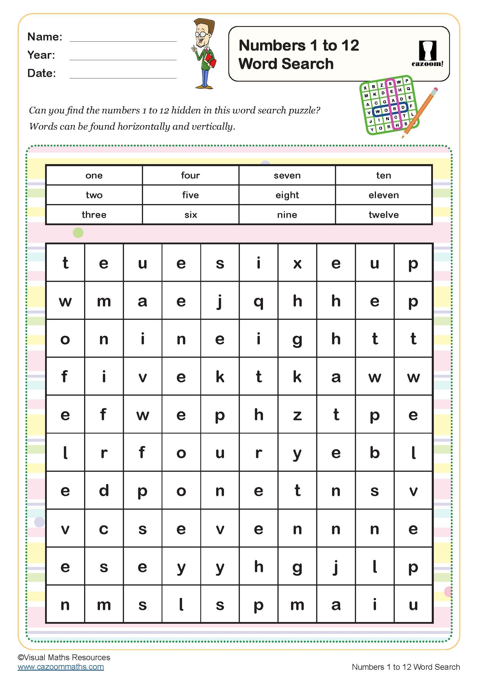 Numbers 1 To 12 Word Search Puzzle FREE Teaching Resources