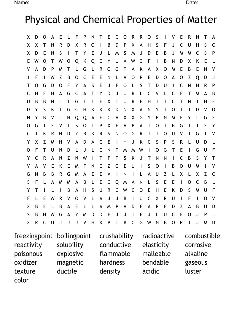 Physical And Chemical Properties Of Matter Word Search WordMint