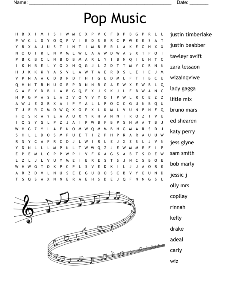 Pop Music Word Search WordMint