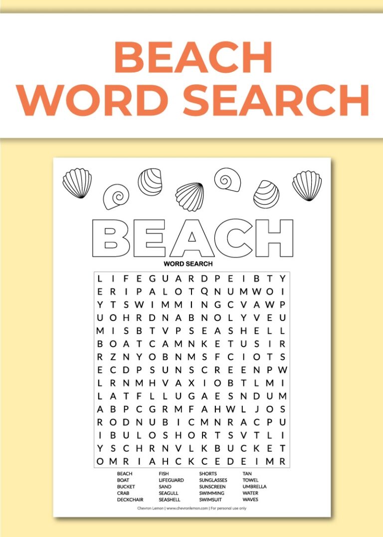 Printable Beach Word Search Chevron Lemon