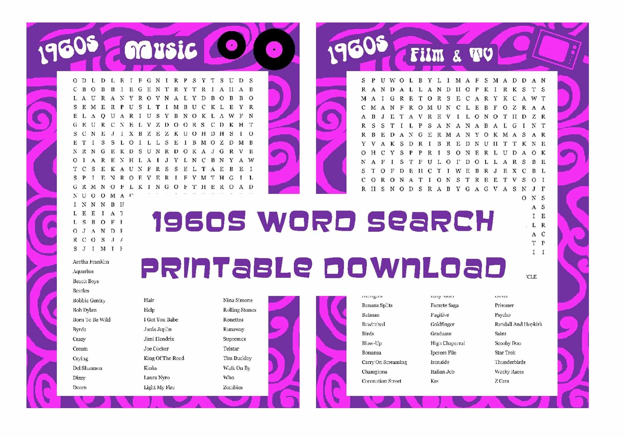 Printable Word Search Puzzles 1960s Music Film U0026 TV 2 PDFs Answer Keys Included Theme Nights 60s Quiz Memory Aid Fun Puzzles