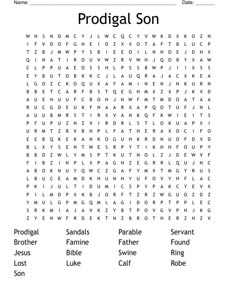 Prodigal Son Word Search WordMint