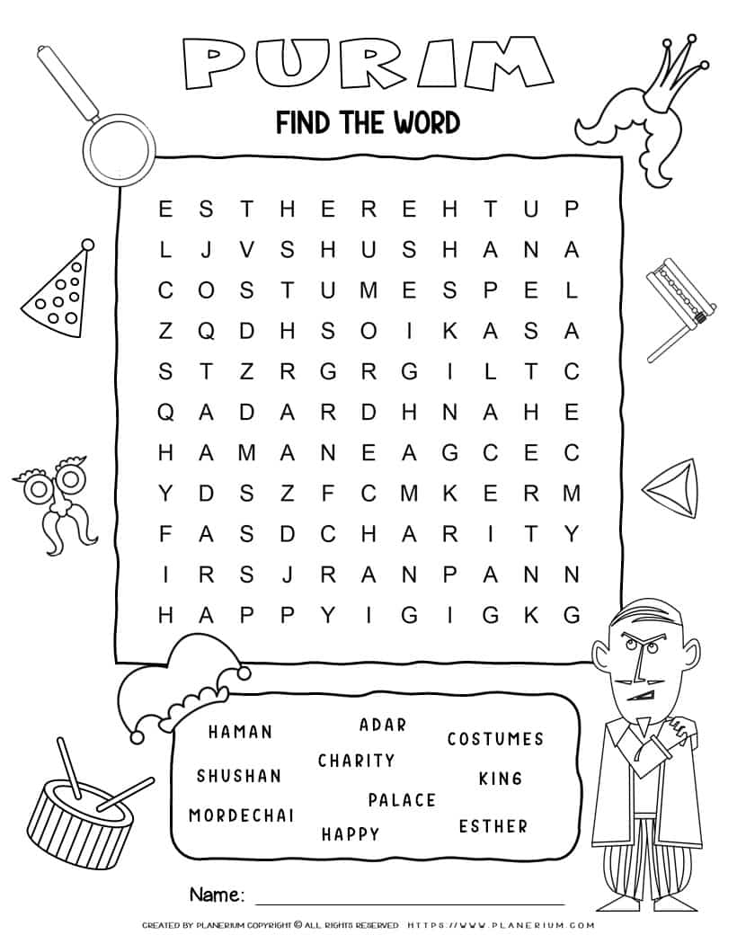 Purim Word Search With Ten Words Planerium
