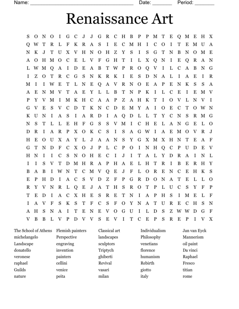 Renaissance Art Word Search WordMint