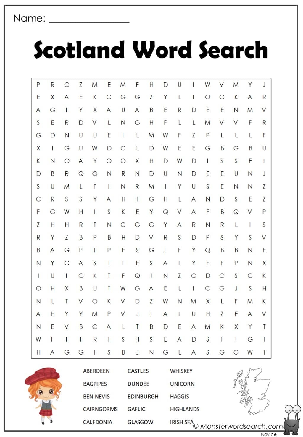 Scotland Word Search Monster Word Search