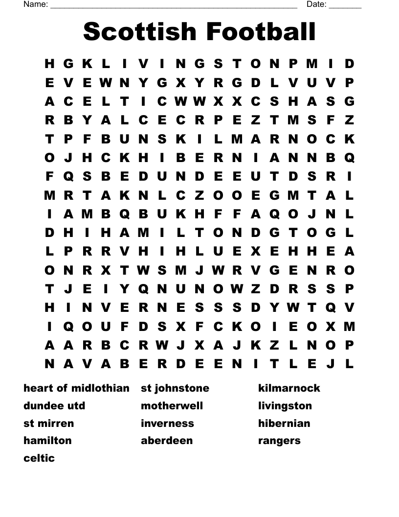 Scottish Football Word Search WordMint