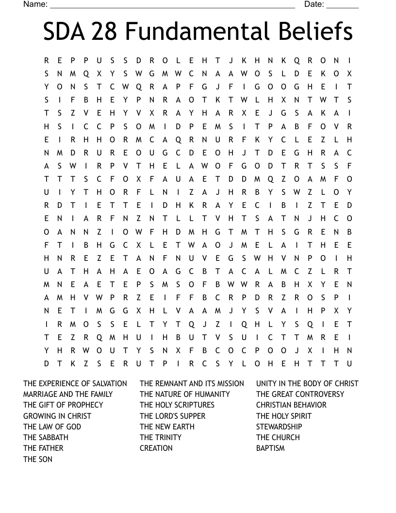 SDA 28 Fundamental Beliefs Word Search WordMint