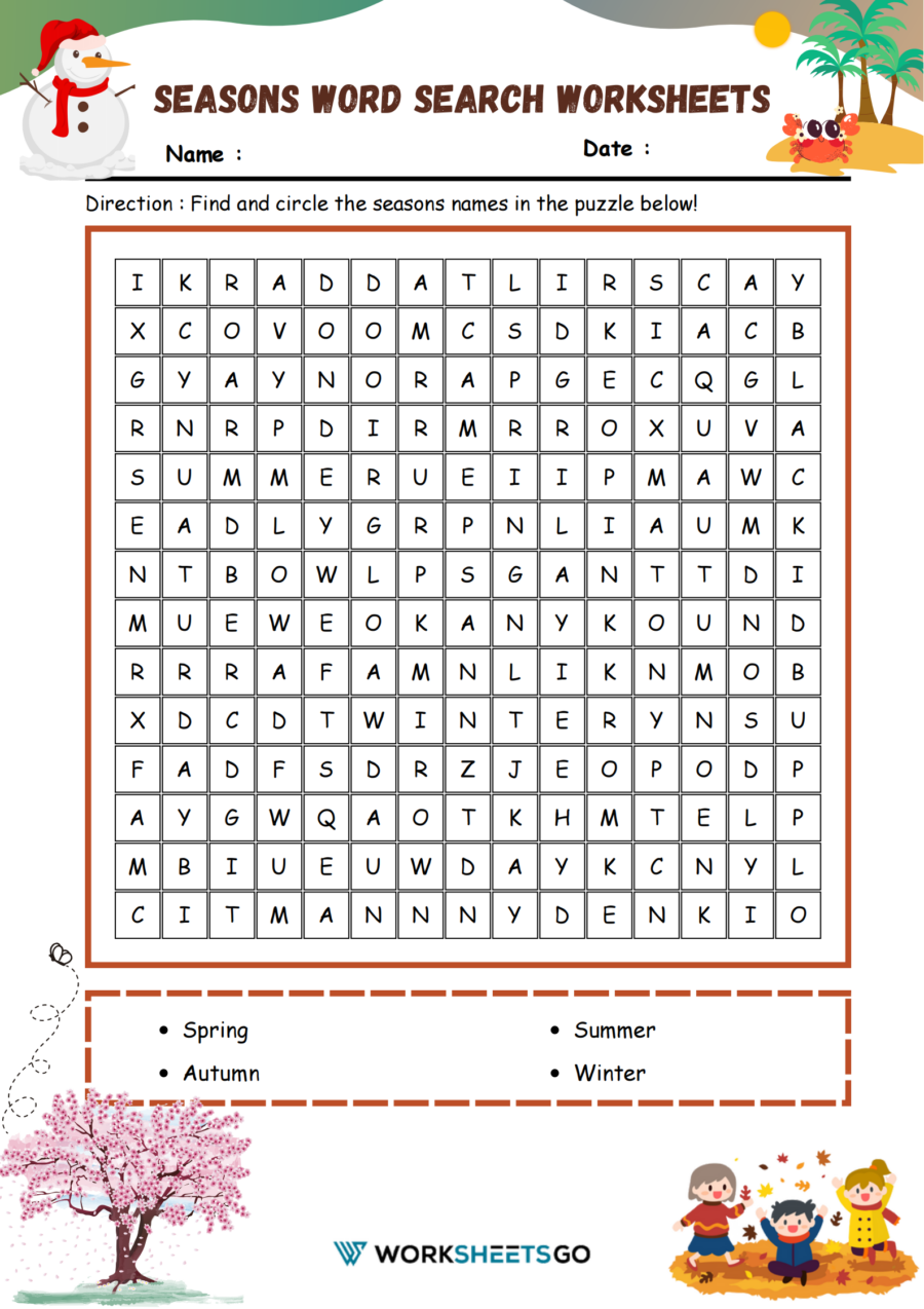 Four Seasons Word Search Printable