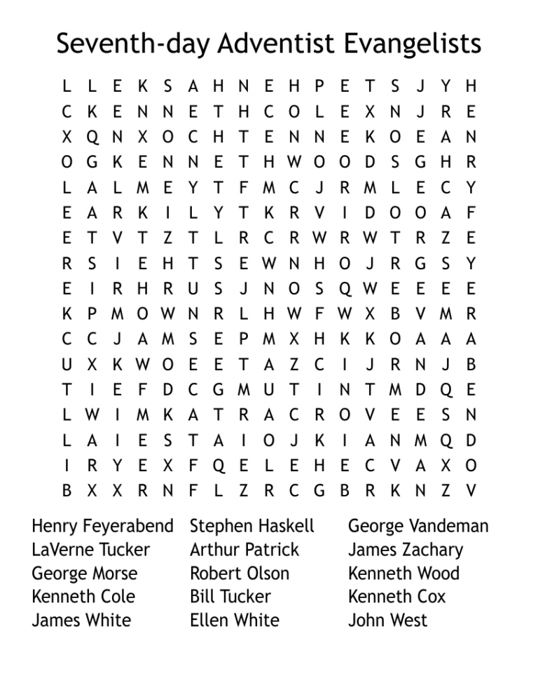 Seventh day Adventist Evangelists Word Search WordMint