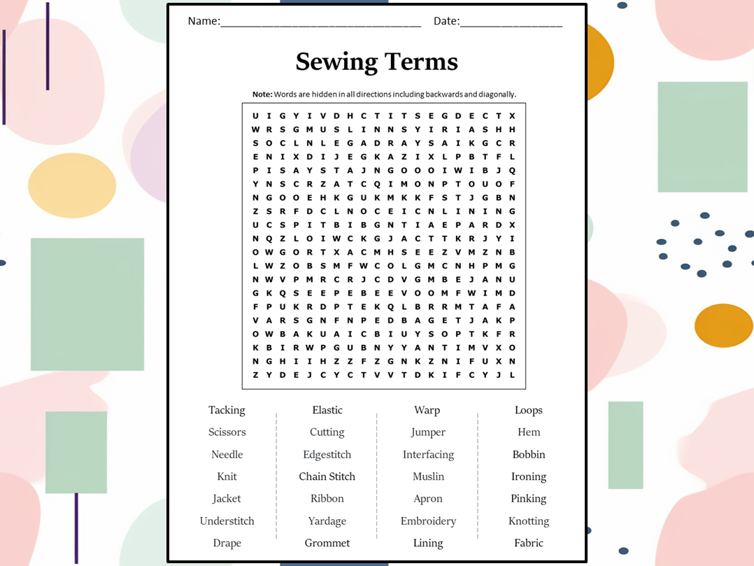 Printable Sewing Word Search