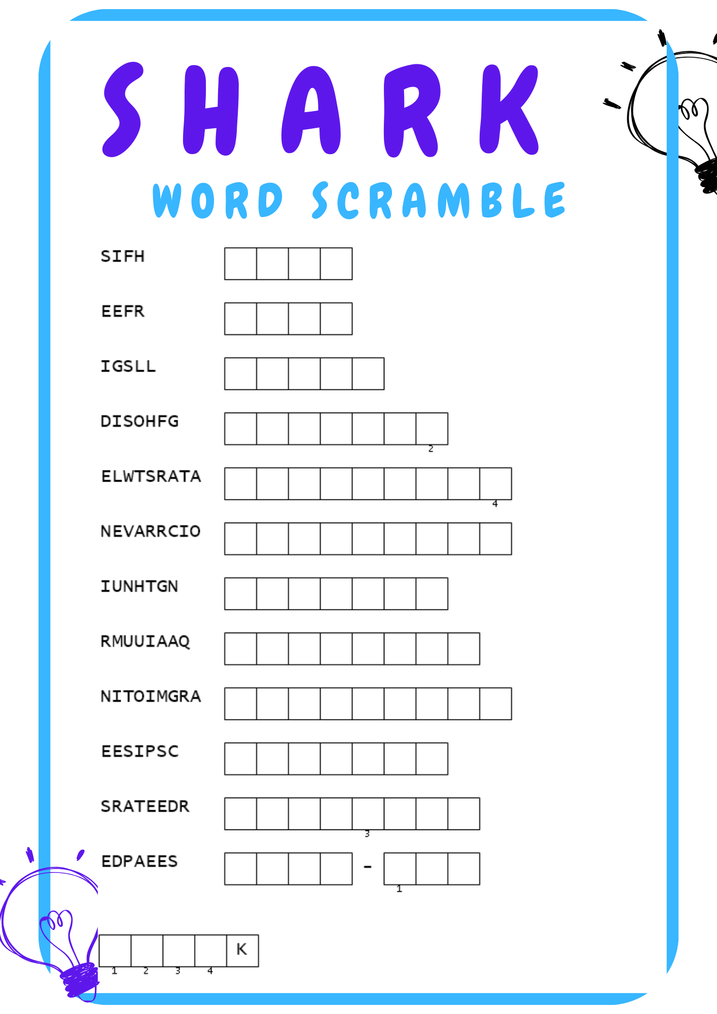 SHARK WORD SCRAMBLE PUZZLE WORKSHEETS ACTIVITIES FOR KIDS