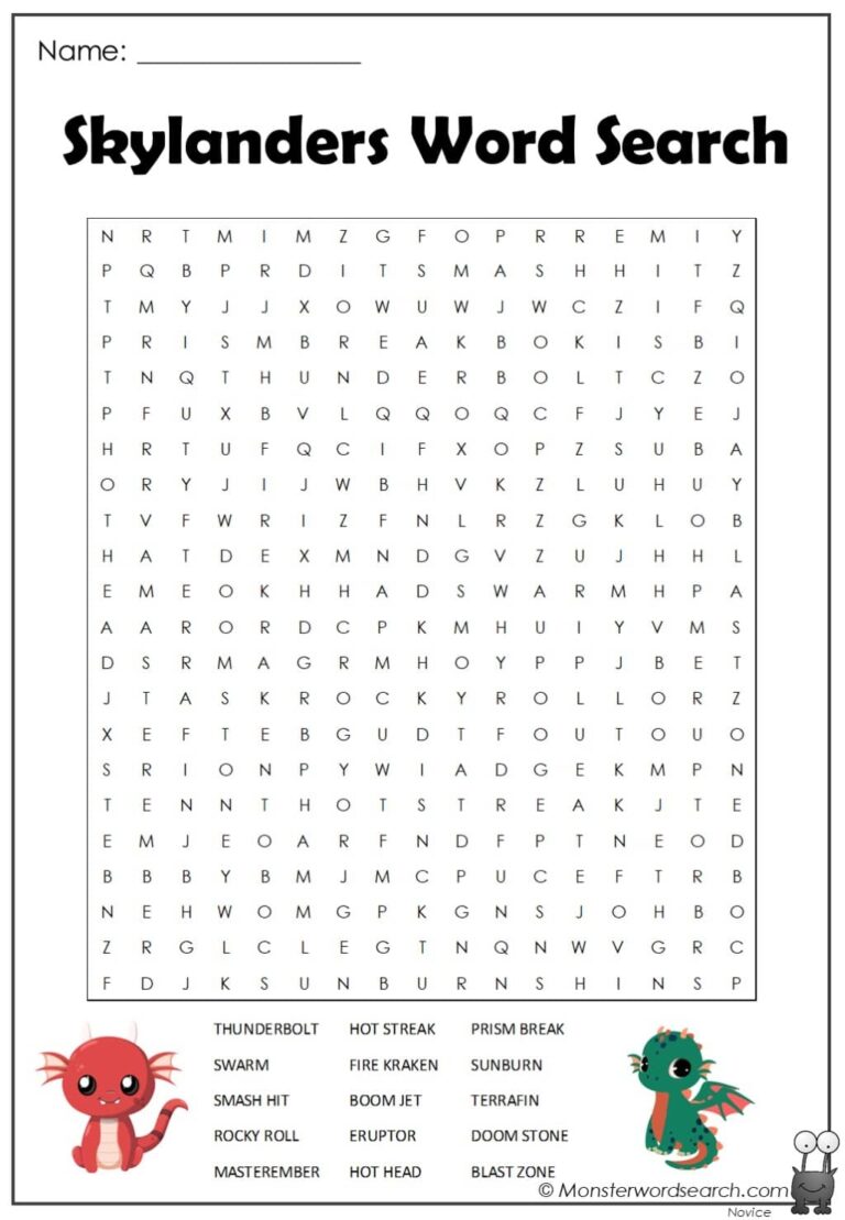Skylanders Word Search 2 Monster Word Search