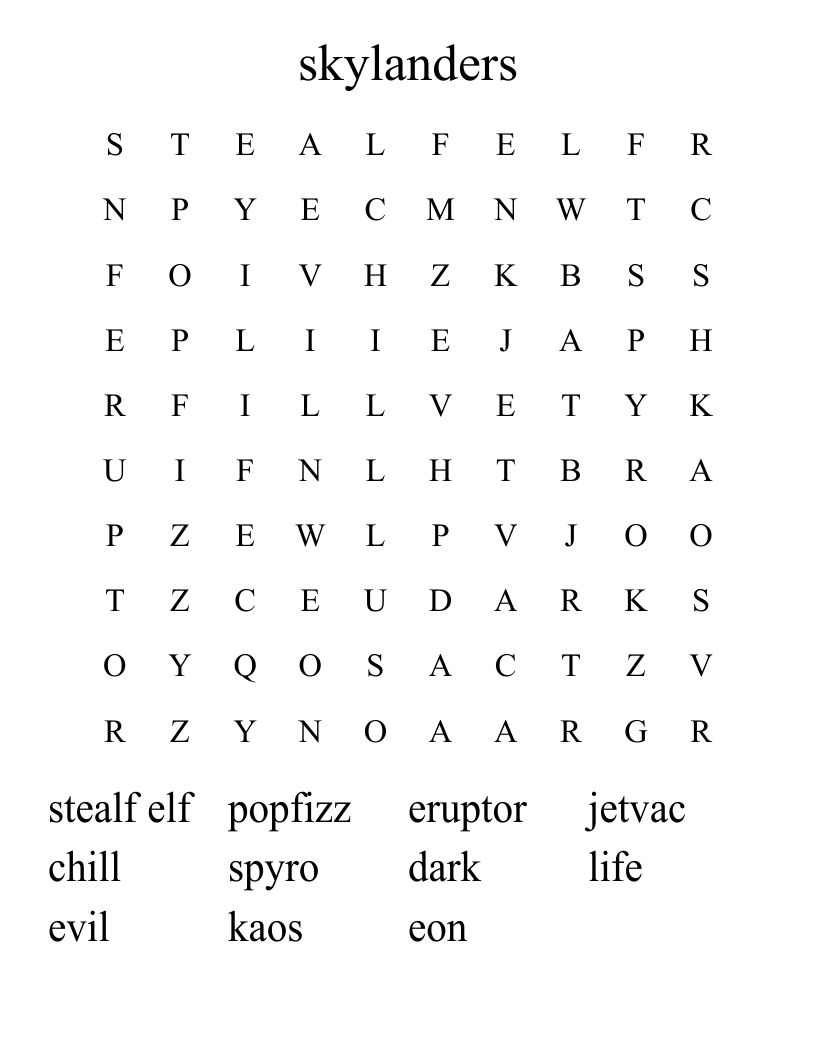 Skylanders Word Search WordMint