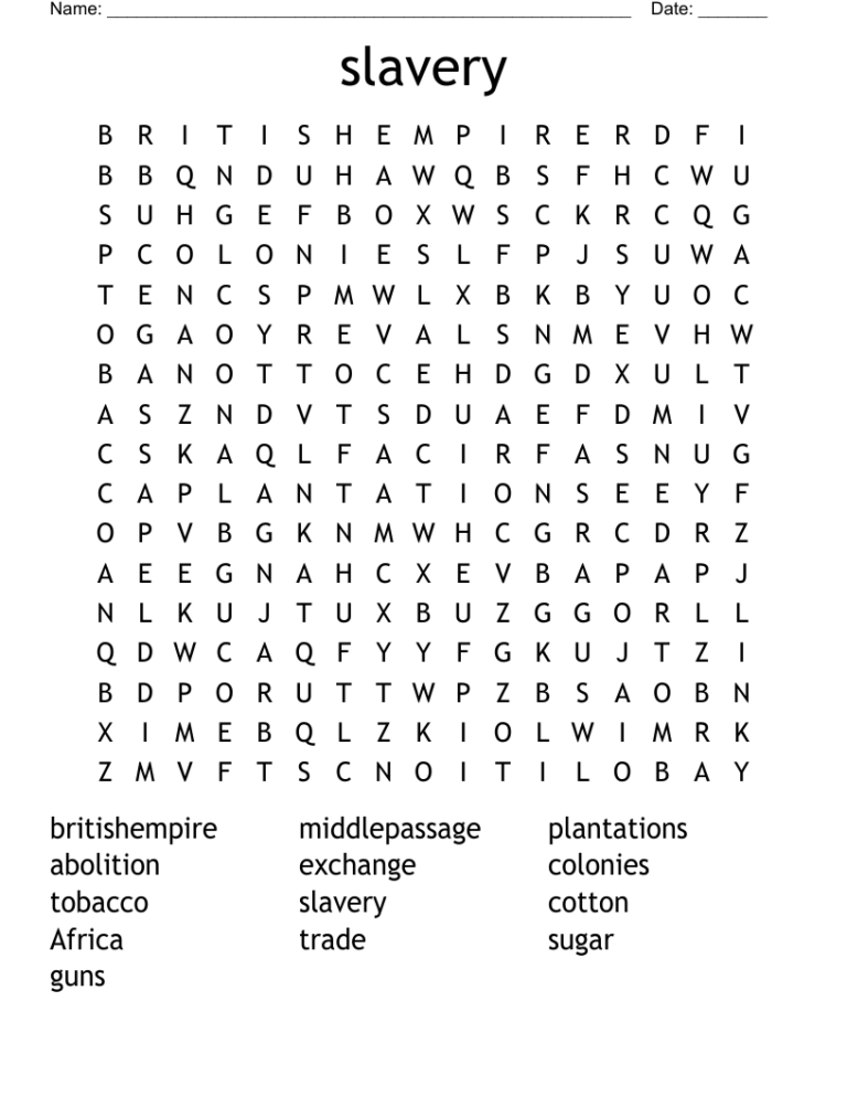 Slavery Word Search WordMint