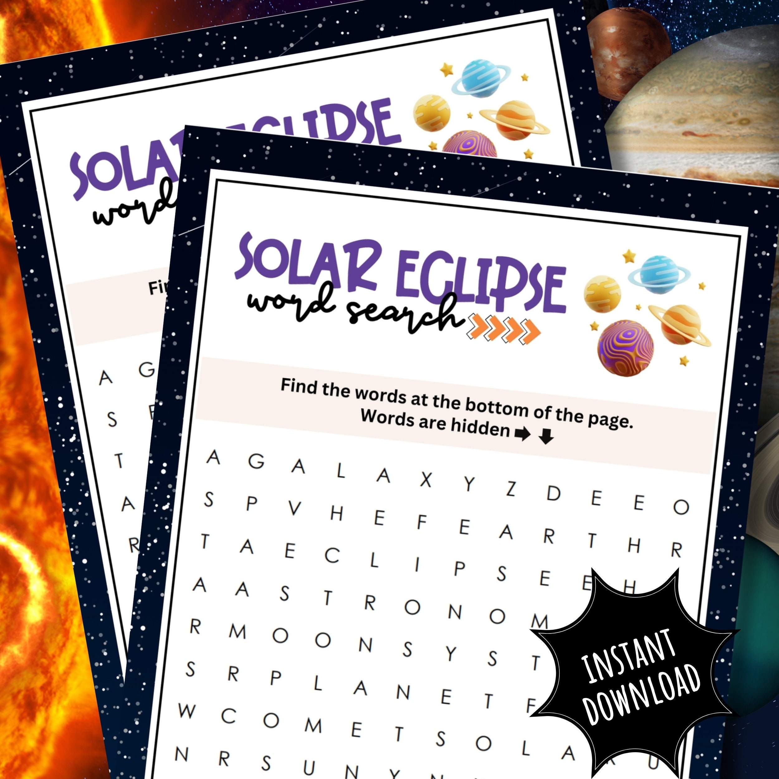 Solar Eclipse Word Search EASY Printable PDF Game Activity For Little Kids To Learn About The Solar System And Science Outer Space In Class Etsy